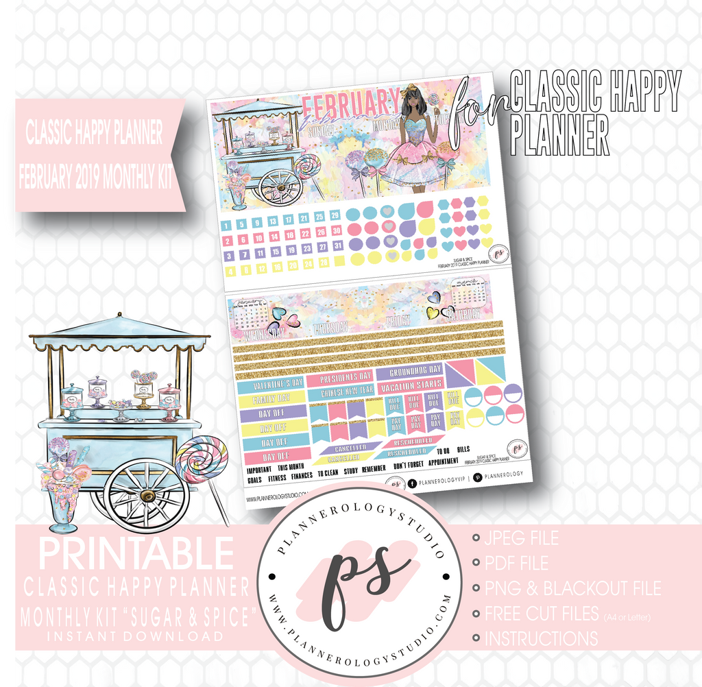 Sugar & Spice February 2019 Monthly View Kit Digital Printable Planner Stickers (for use with Classic Happy Planner) - Plannerologystudio