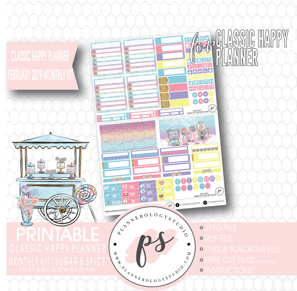 Sugar & Spice February 2019 Monthly View Kit Digital Printable Planner Stickers (for use with Classic Happy Planner) - Plannerologystudio