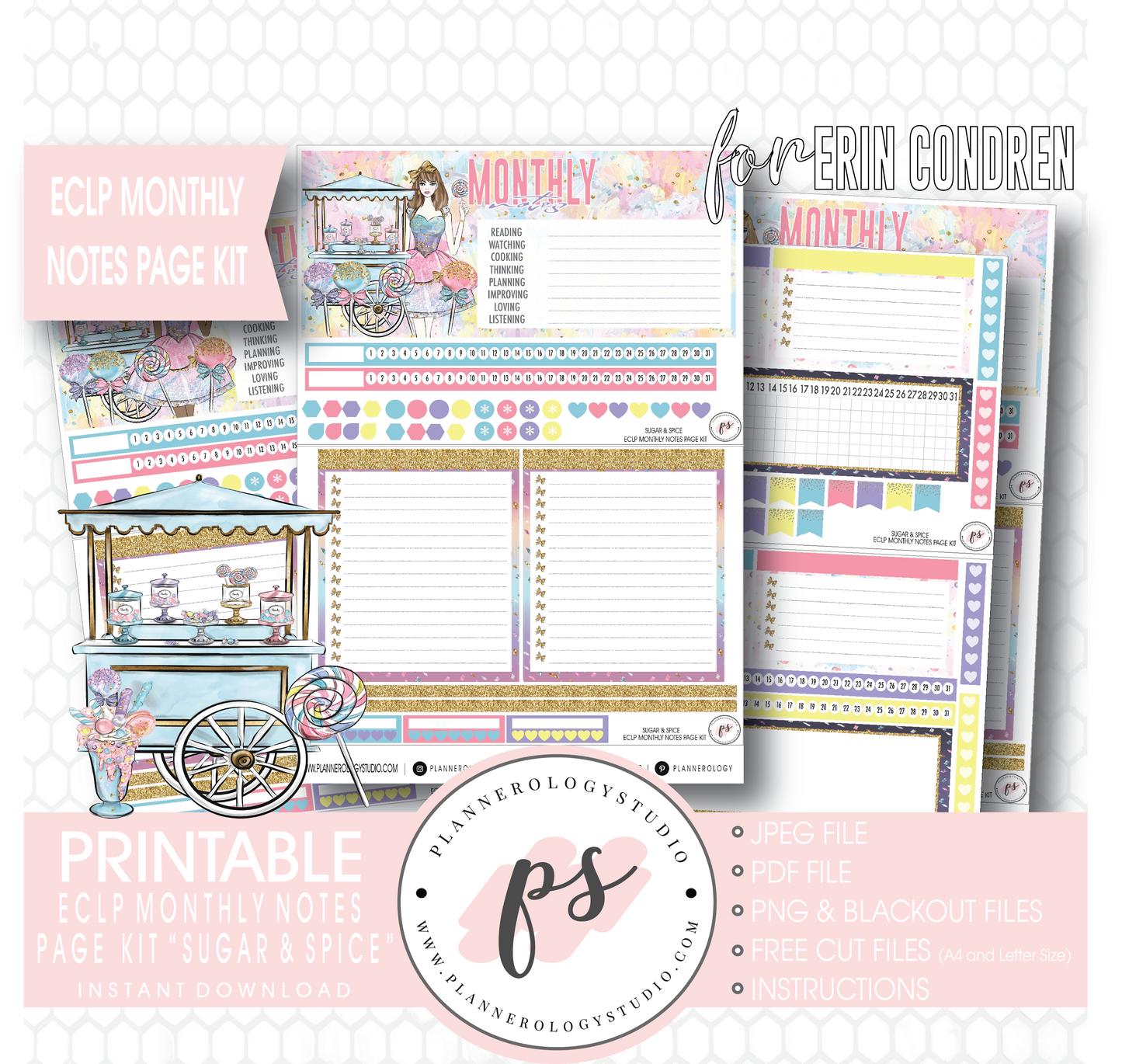 Sugar & Spice Monthly Notes Page Kit Digital Printable Planner Stickers (for use with Erin Condren) - Plannerologystudio