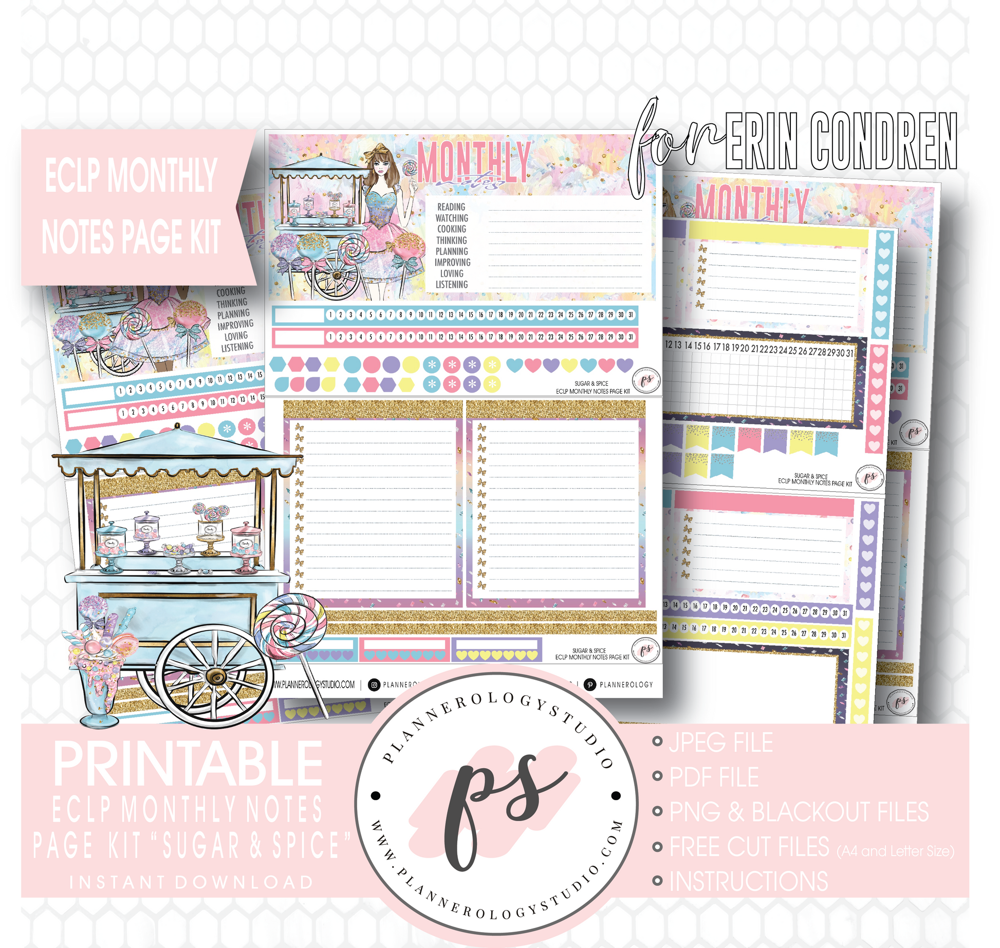 Sugar & Spice Monthly Notes Page Kit Digital Printable Planner Stickers (for use with Erin Condren) - Plannerologystudio