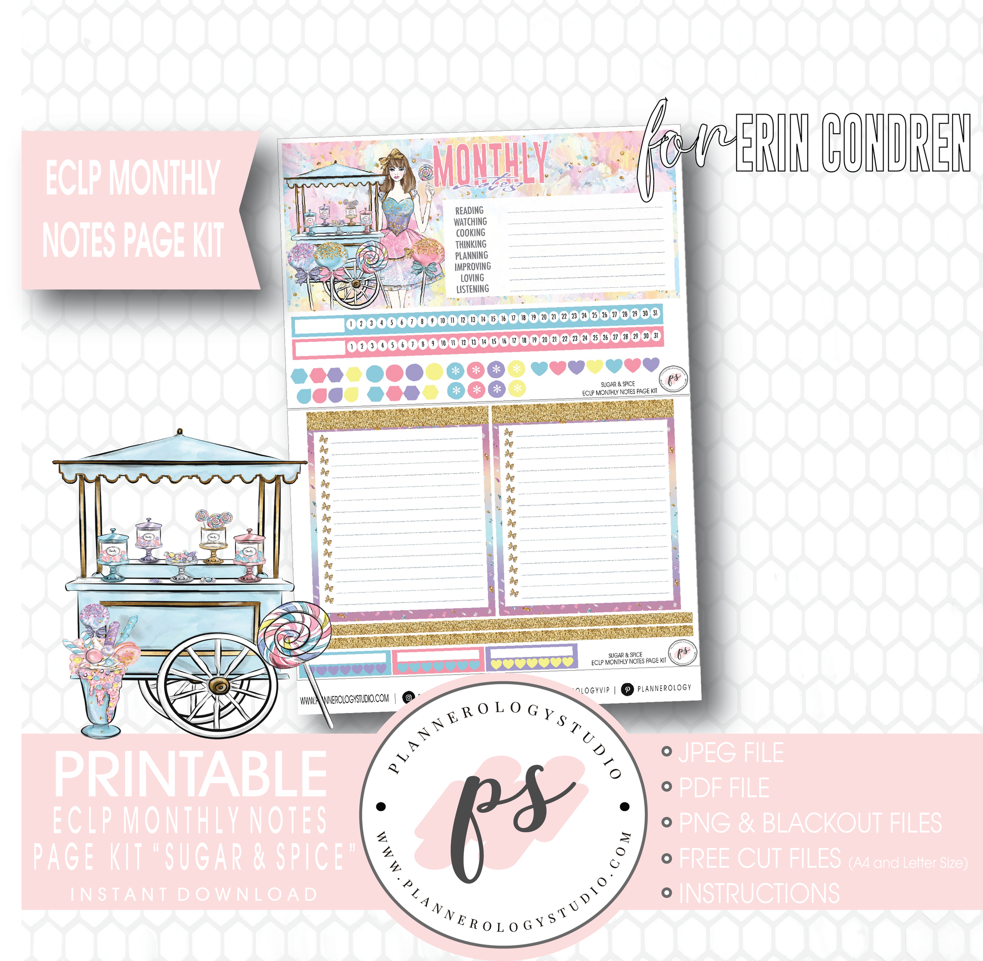 Sugar & Spice Monthly Notes Page Kit Digital Printable Planner Stickers (for use with Erin Condren) - Plannerologystudio