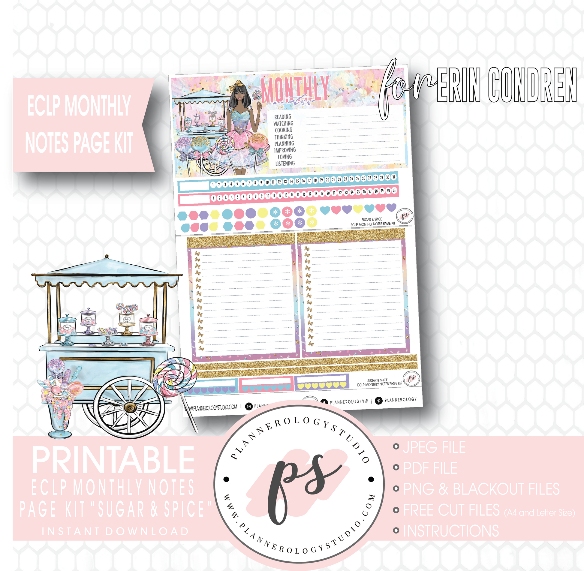 Sugar & Spice Monthly Notes Page Kit Digital Printable Planner Stickers (for use with Erin Condren) - Plannerologystudio