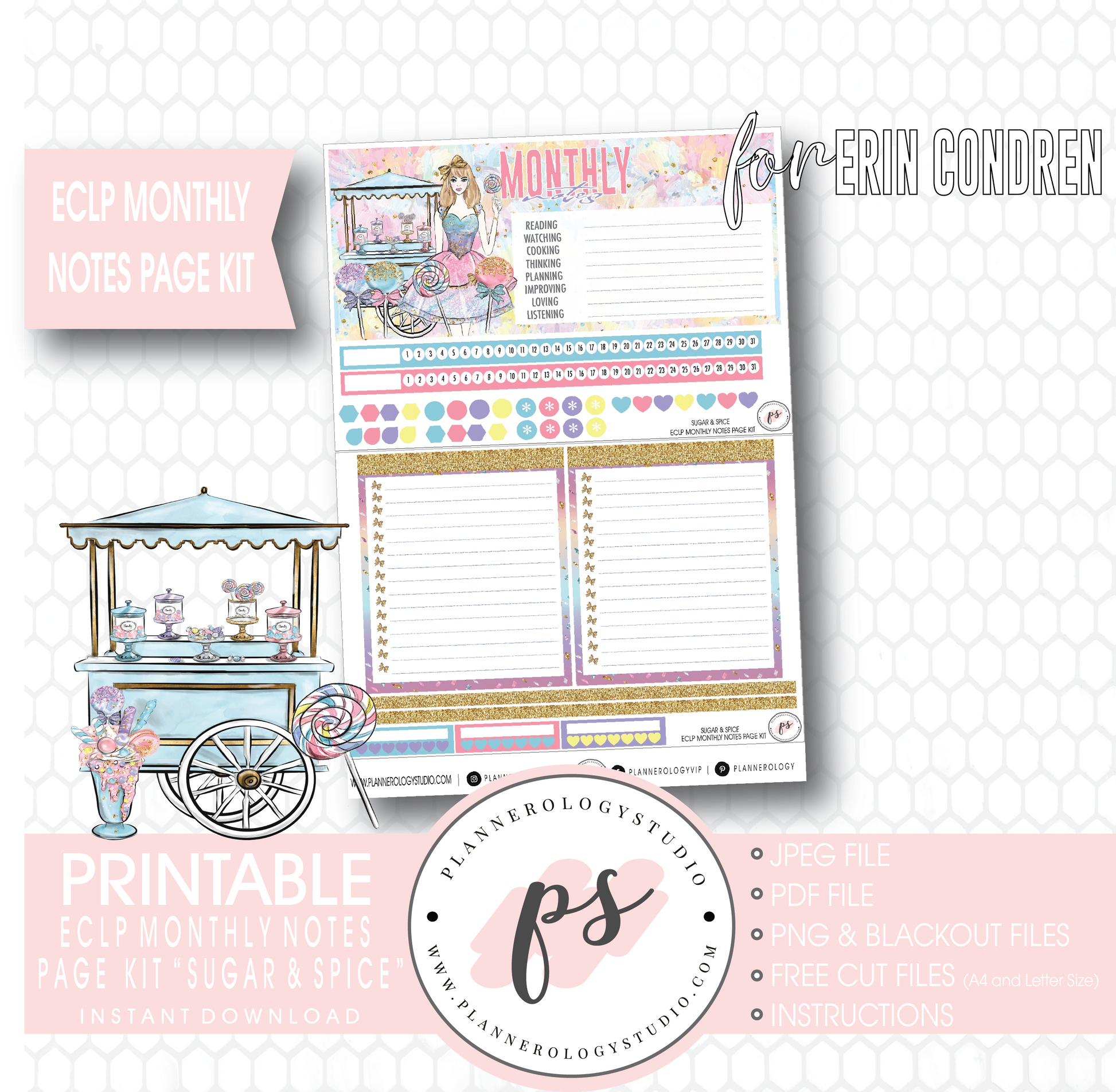 Sugar & Spice Monthly Notes Page Kit Digital Printable Planner Stickers (for use with Erin Condren) - Plannerologystudio