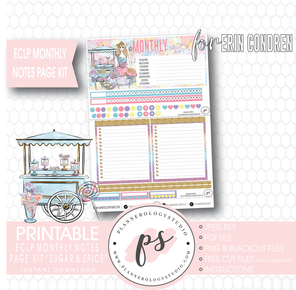 Sugar & Spice Monthly Notes Page Kit Digital Printable Planner Stickers (for use with Erin Condren) - Plannerologystudio