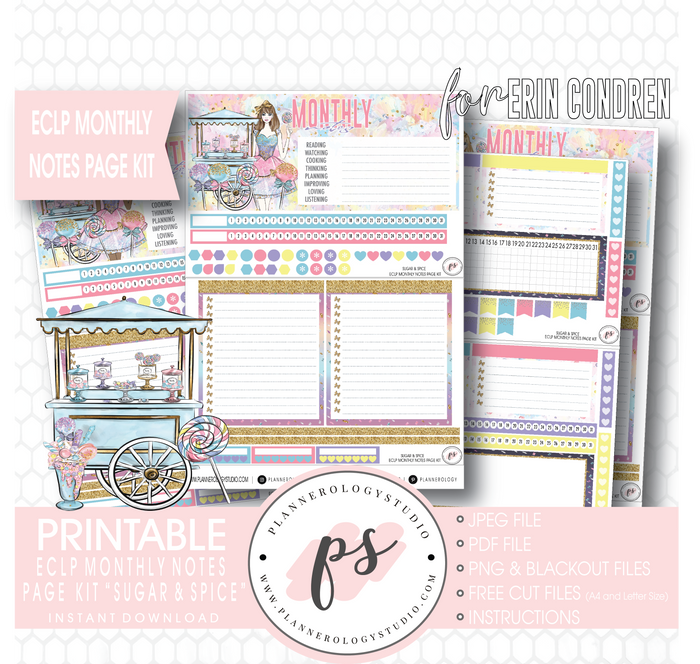 Sugar & Spice Monthly Notes Page Kit Digital Printable Planner Stickers (for use with Erin Condren) - Plannerologystudio