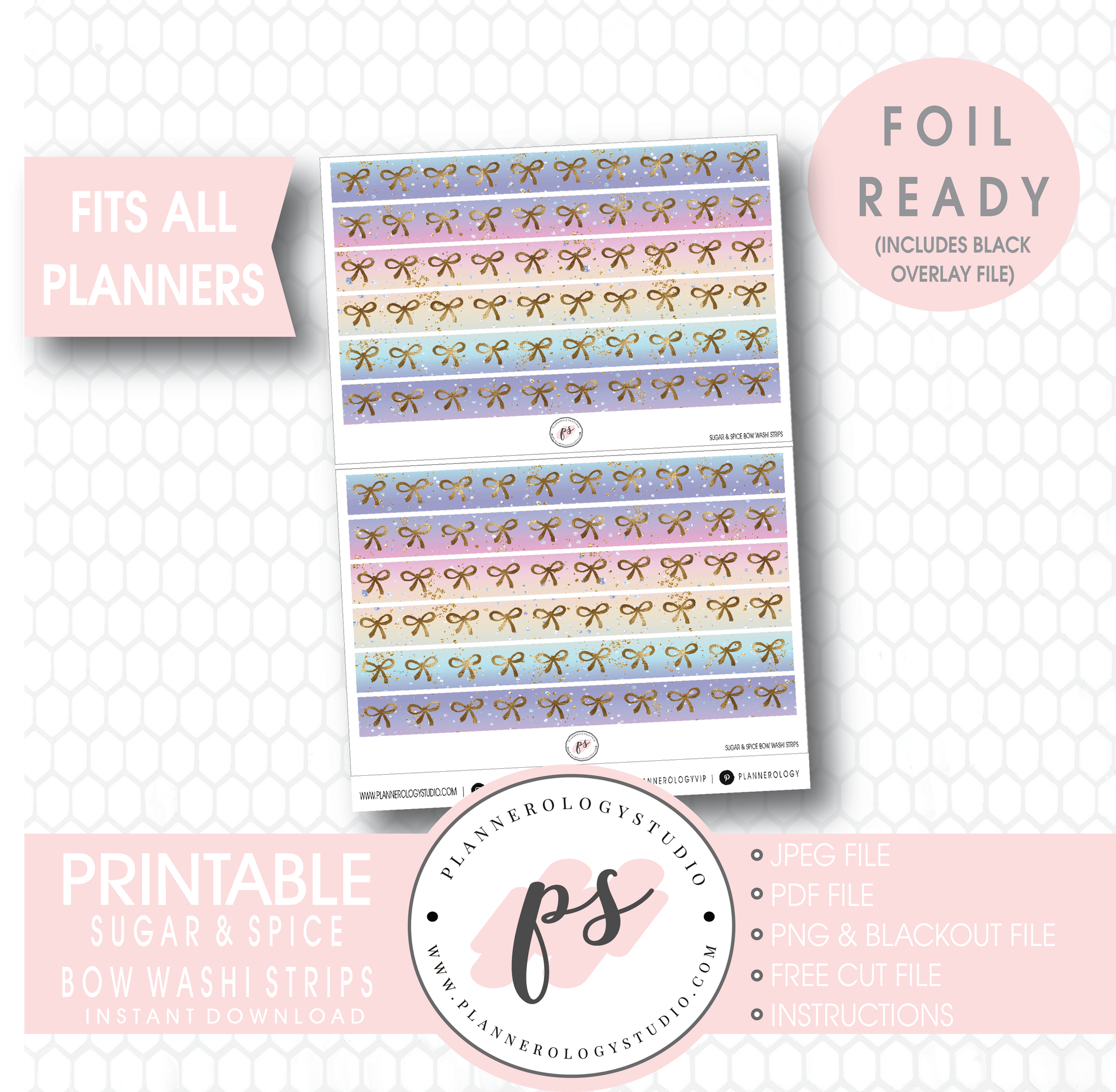 Sugar & Spice Watercolour Pattern Bow Icon Washi Strip Digital Printable Planner Stickers (Foil Ready) - Plannerologystudio