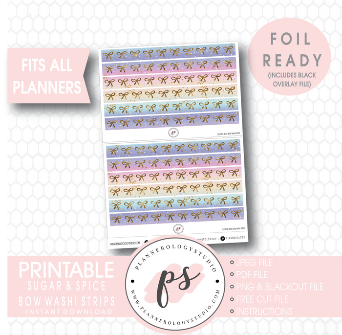 Sugar & Spice Watercolour Pattern Bow Icon Washi Strip Digital Printable Planner Stickers (Foil Ready) - Plannerologystudio