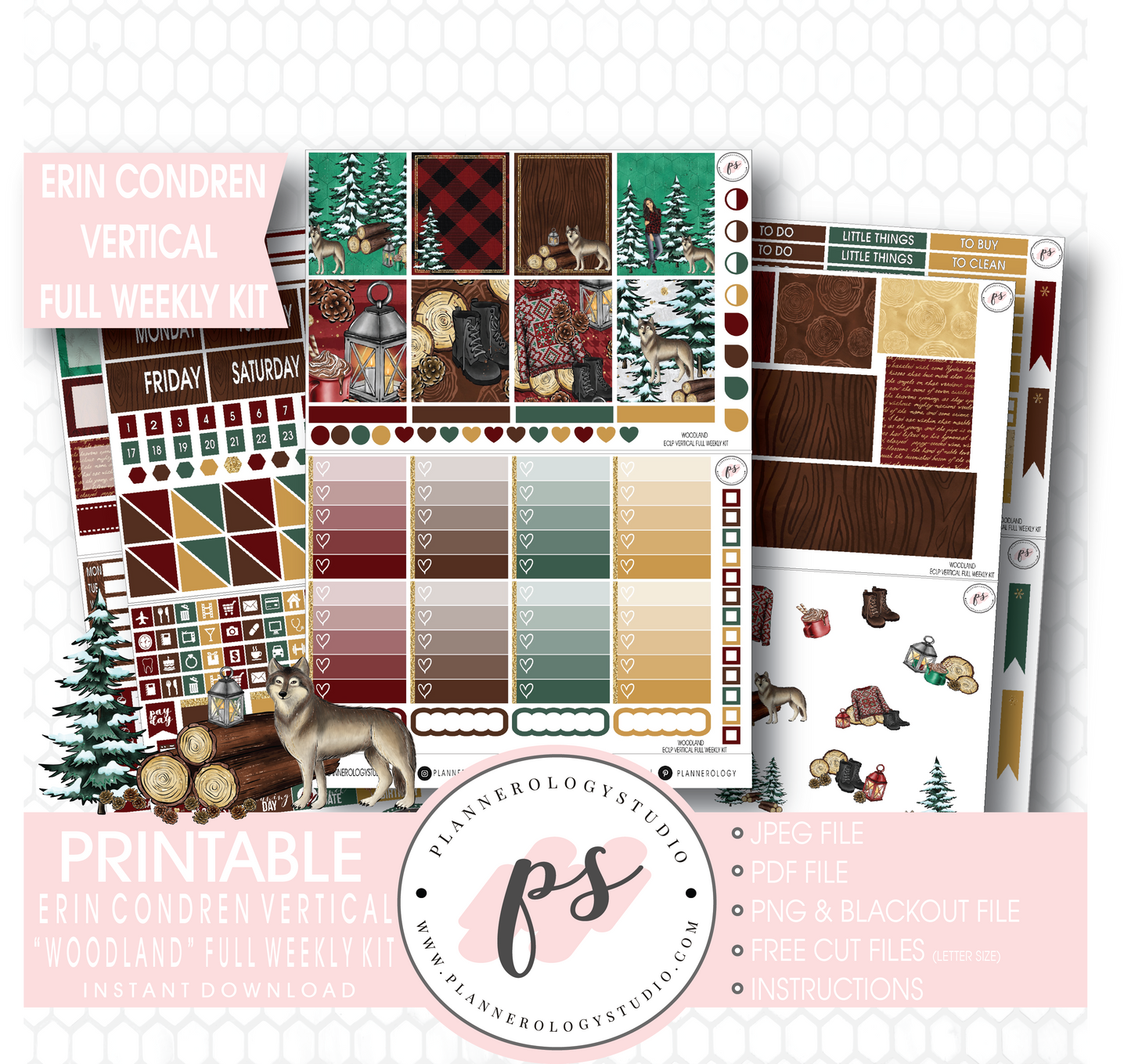 Woodland Winter Full Weekly Kit Printable Planner Stickers (for use with Erin Condren Vertical) - Plannerologystudio