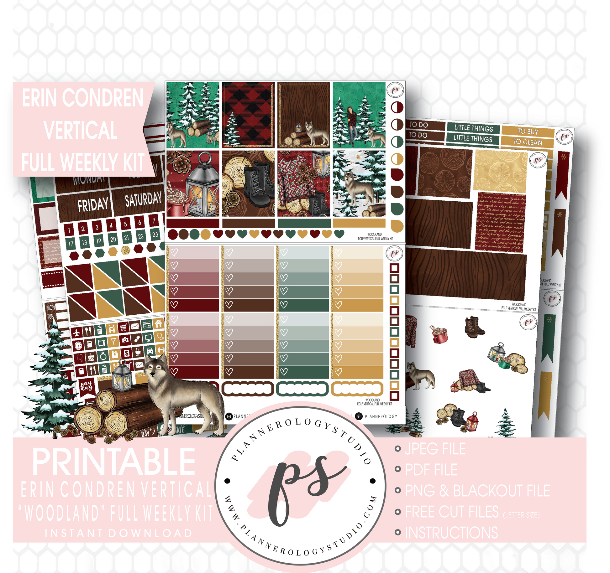 Woodland Winter Full Weekly Kit Printable Planner Stickers (for use with Erin Condren Vertical) - Plannerologystudio