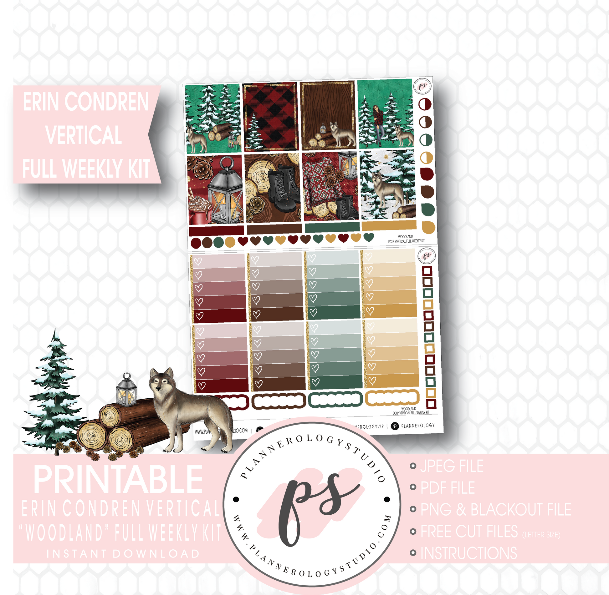 Woodland Winter Full Weekly Kit Printable Planner Stickers (for use with Erin Condren Vertical) - Plannerologystudio