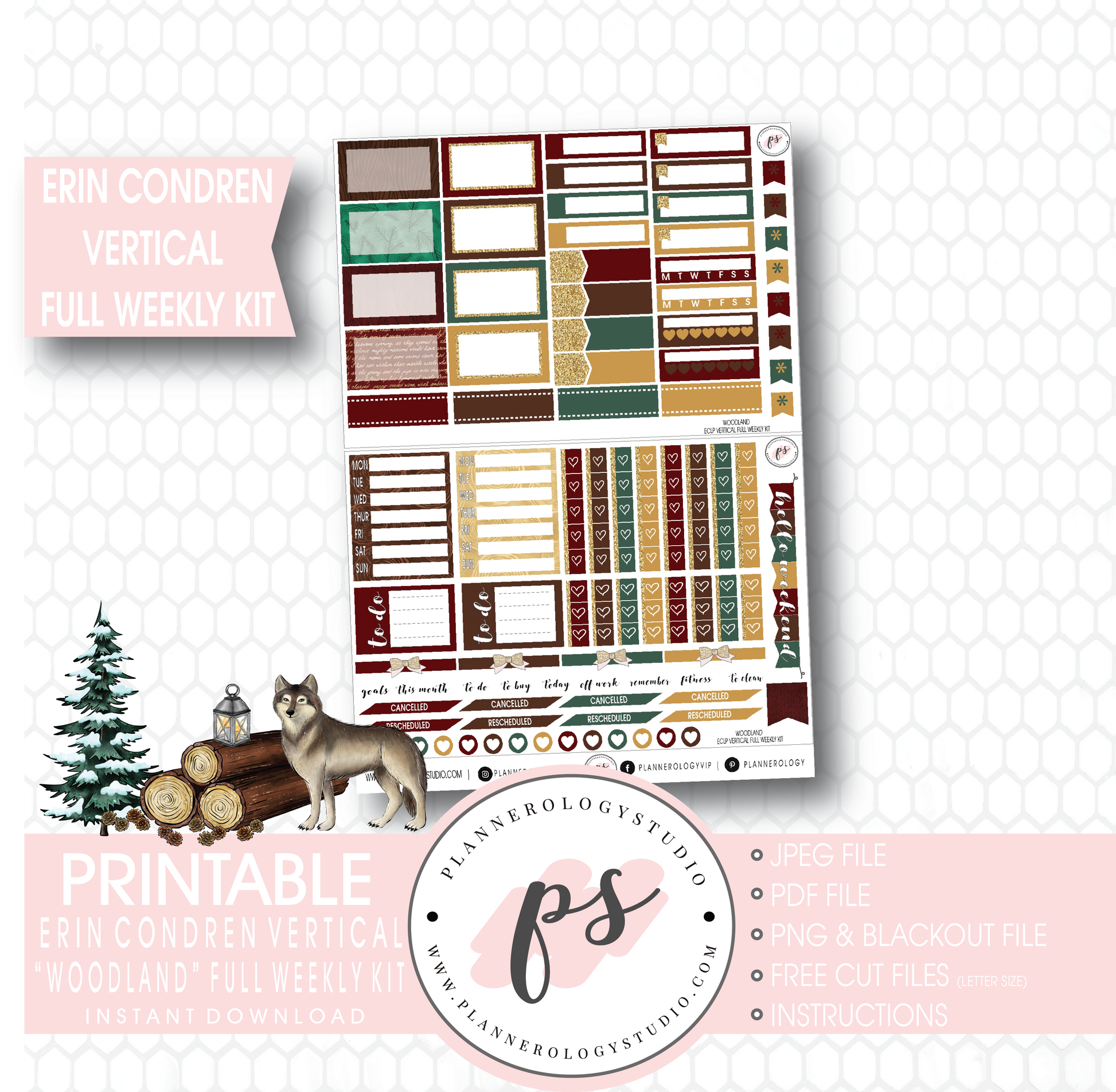 Woodland Winter Full Weekly Kit Printable Planner Stickers (for use with Erin Condren Vertical) - Plannerologystudio