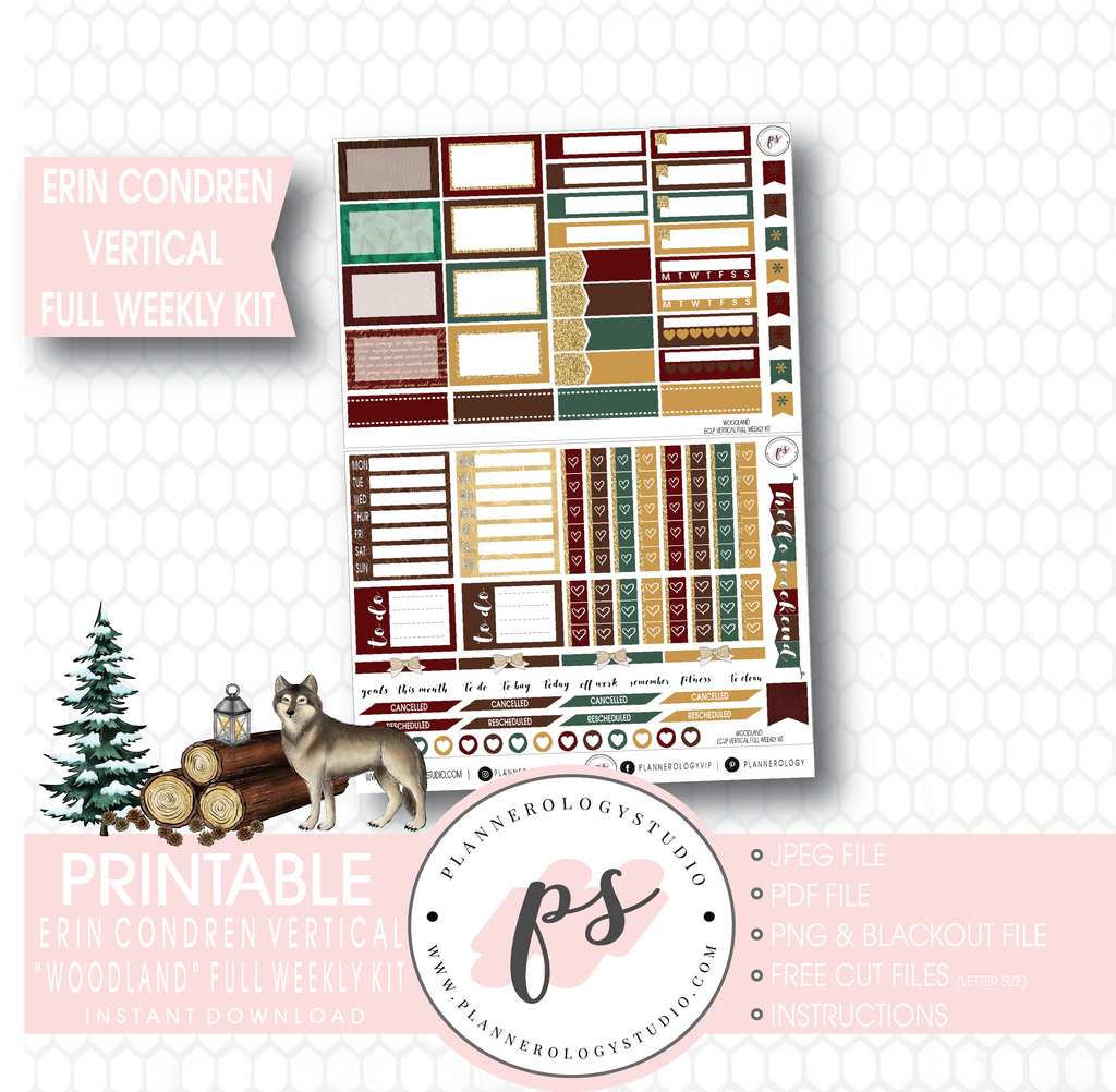 Woodland Winter Full Weekly Kit Printable Planner Stickers (for use with Erin Condren Vertical) - Plannerologystudio
