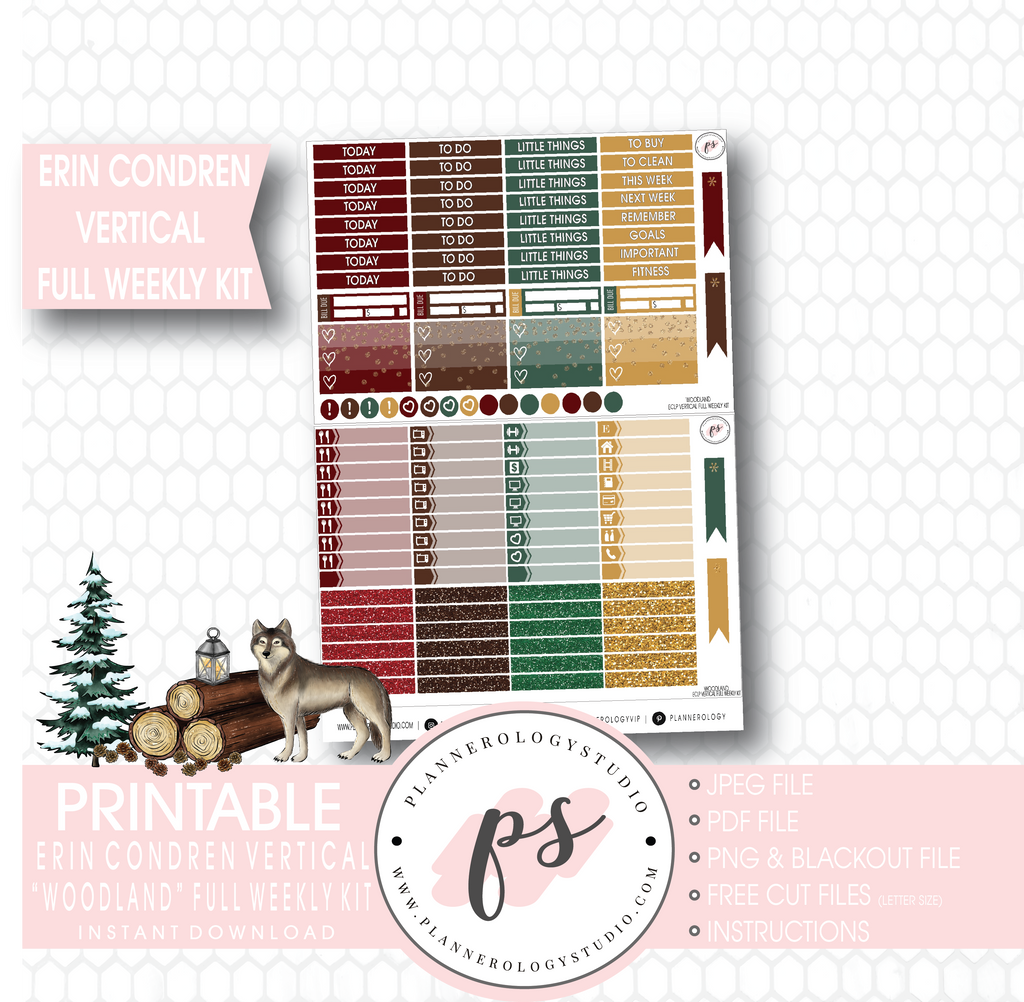 Woodland Winter Full Weekly Kit Printable Planner Stickers (for use with Erin Condren Vertical) - Plannerologystudio