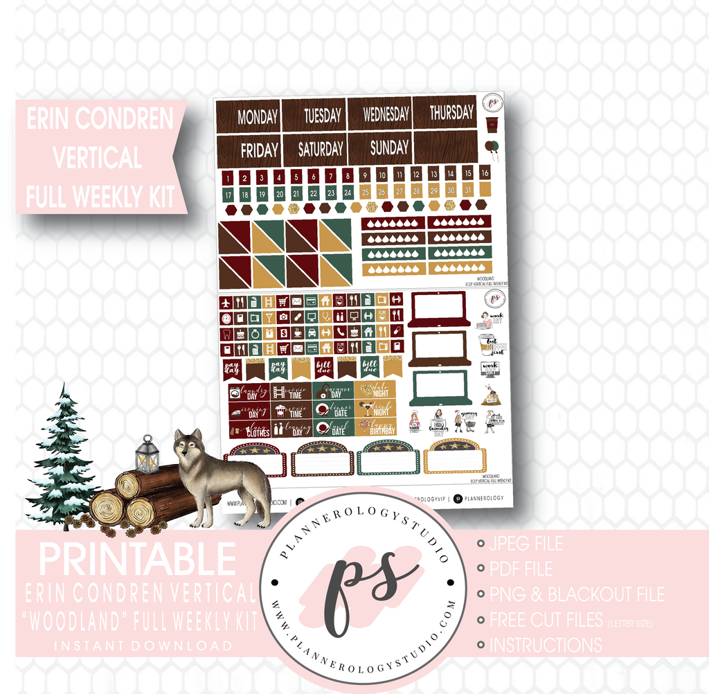 Woodland Winter Full Weekly Kit Printable Planner Stickers (for use with Erin Condren Vertical) - Plannerologystudio