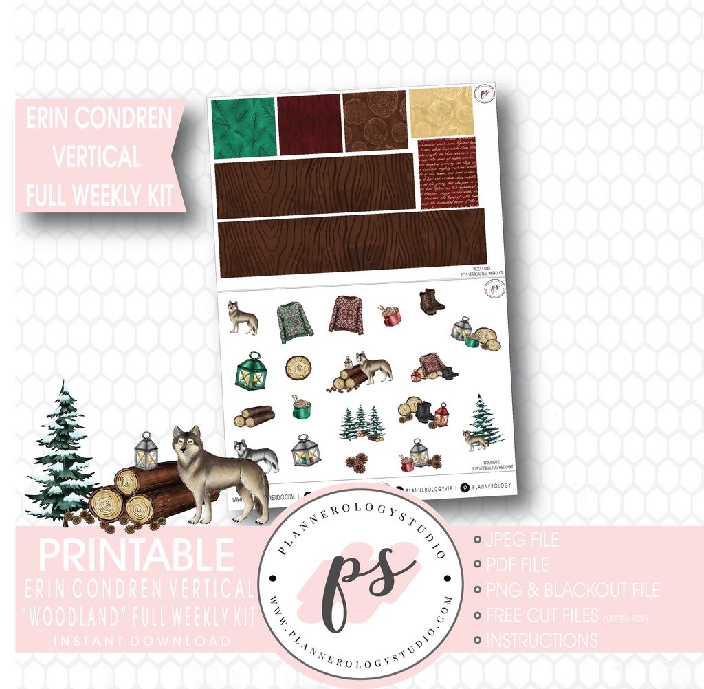 Woodland Winter Full Weekly Kit Printable Planner Stickers (for use with Erin Condren Vertical) - Plannerologystudio