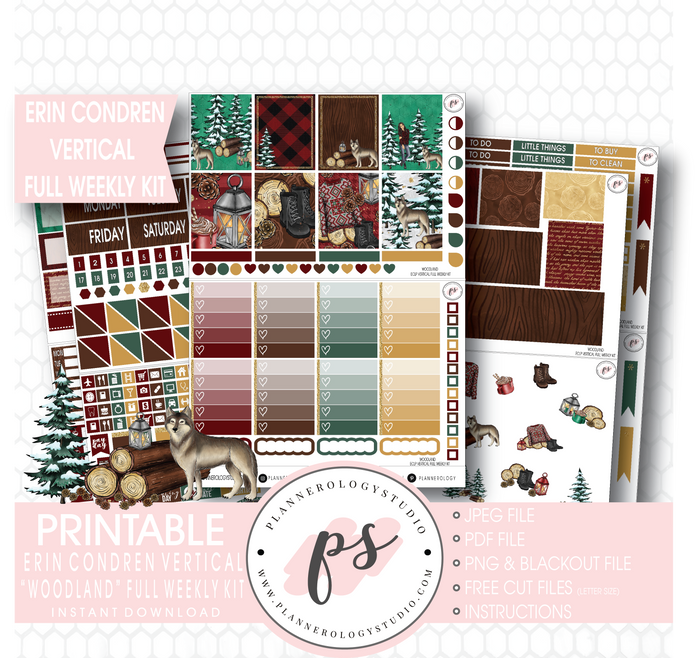 Woodland Winter Full Weekly Kit Printable Planner Stickers (for use with Erin Condren Vertical) - Plannerologystudio