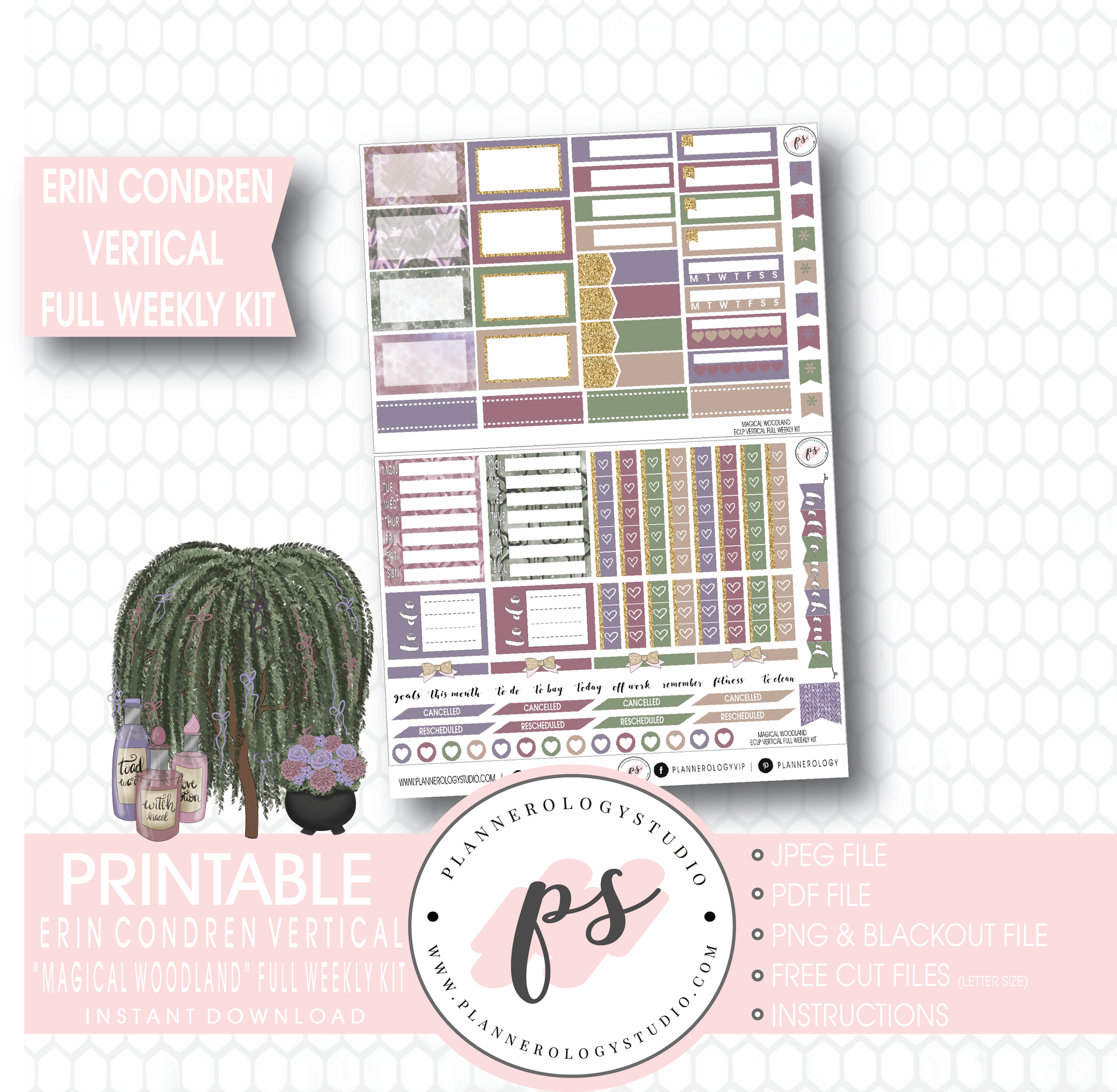 Magical Woodland Winter Full Weekly Kit Printable Planner Stickers (for use with Erin Condren Vertical) - Plannerologystudio