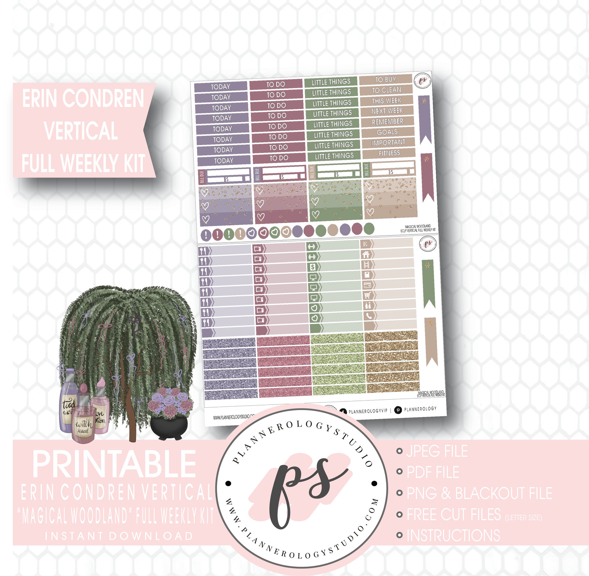 Magical Woodland Winter Full Weekly Kit Printable Planner Stickers (for use with Erin Condren Vertical) - Plannerologystudio
