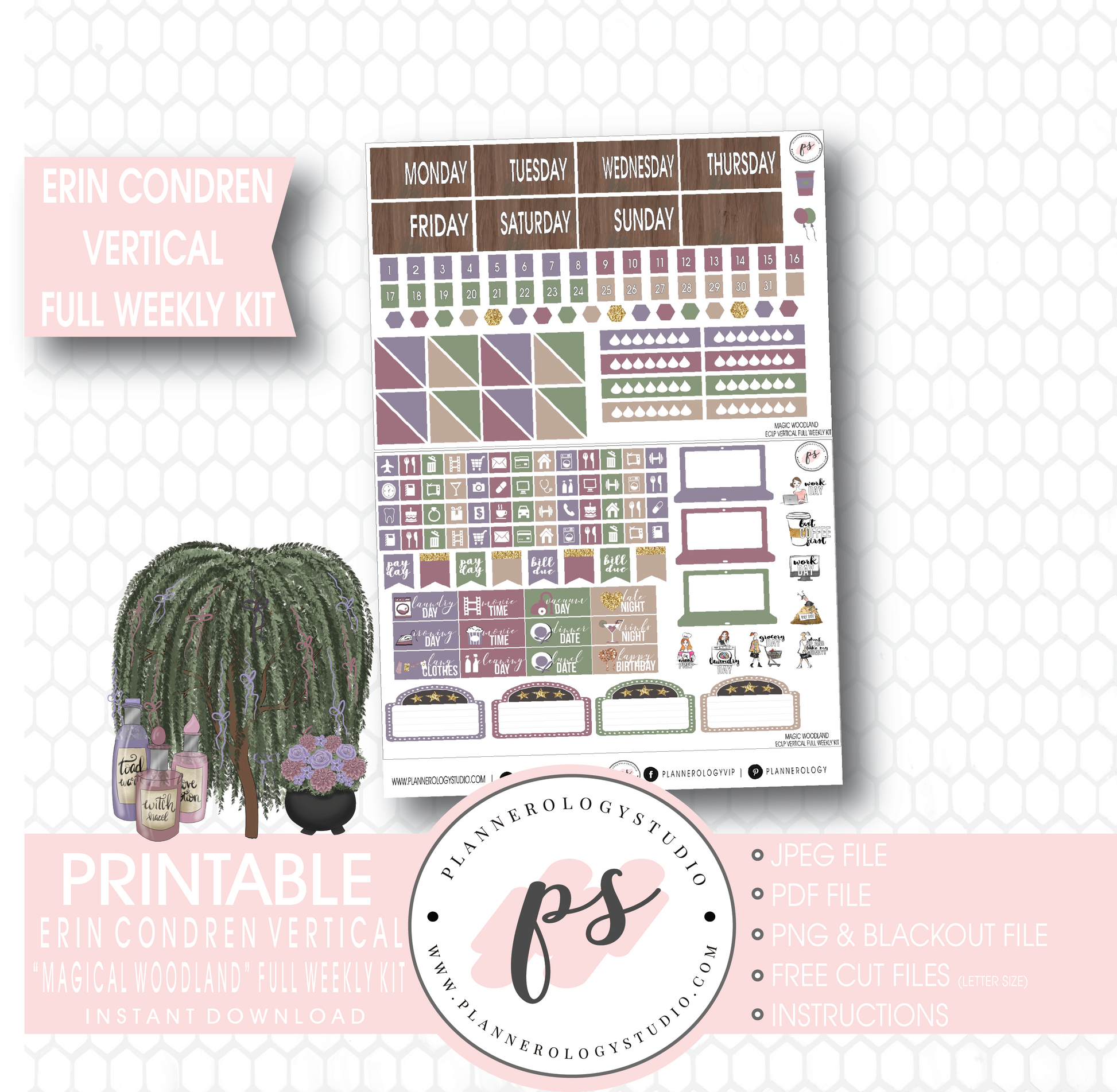 Magical Woodland Winter Full Weekly Kit Printable Planner Stickers (for use with Erin Condren Vertical) - Plannerologystudio