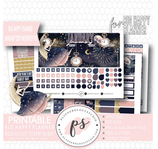 Starry Night January 2019 Monthly View Kit Digital Printable Planner Stickers (for use with Big Happy Planner) - Plannerologystudio