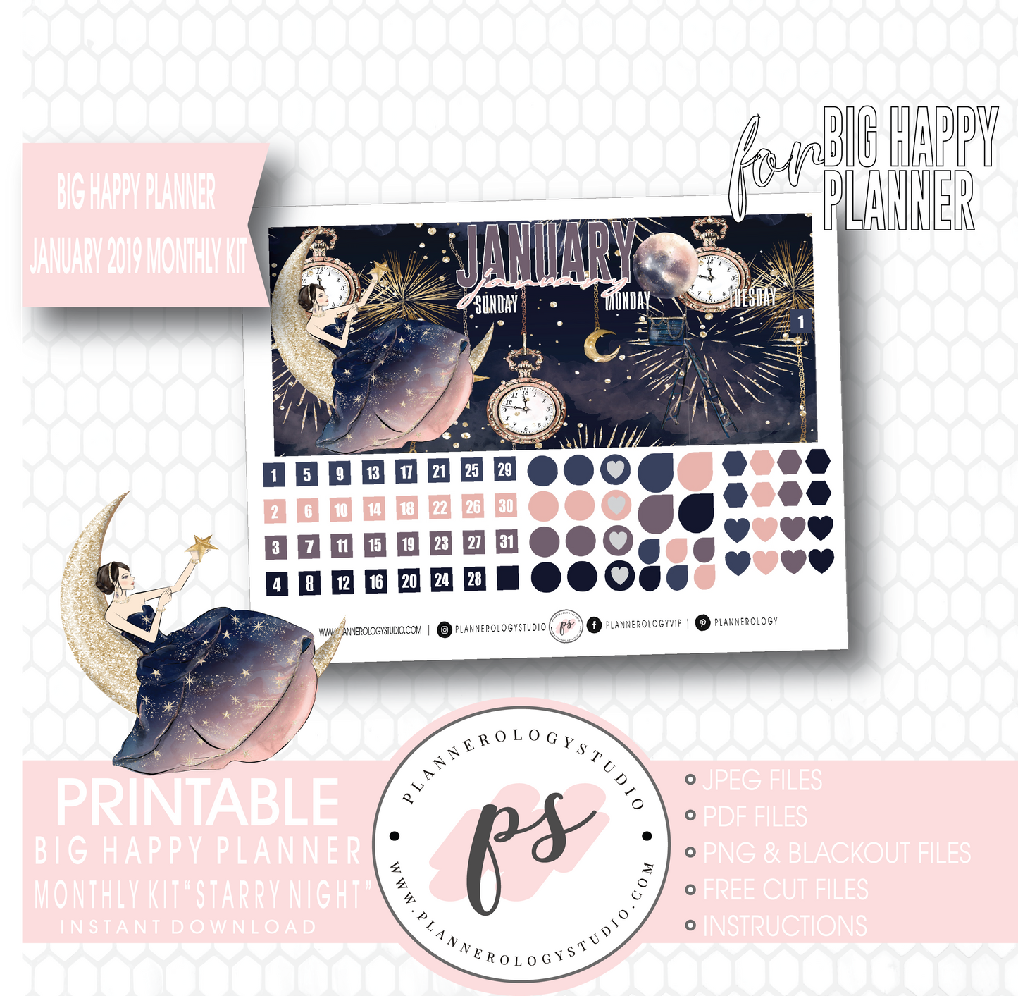 Starry Night January 2019 Monthly View Kit Digital Printable Planner Stickers (for use with Big Happy Planner) - Plannerologystudio