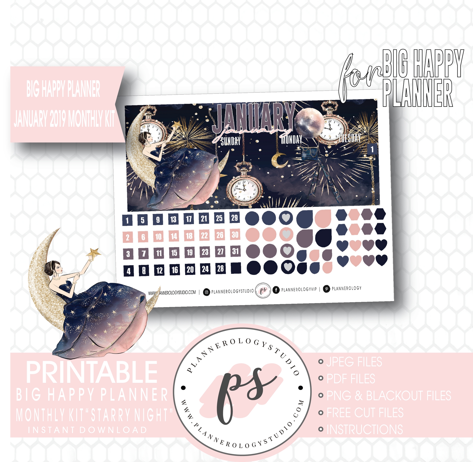Starry Night January 2019 Monthly View Kit Digital Printable Planner Stickers (for use with Big Happy Planner) - Plannerologystudio