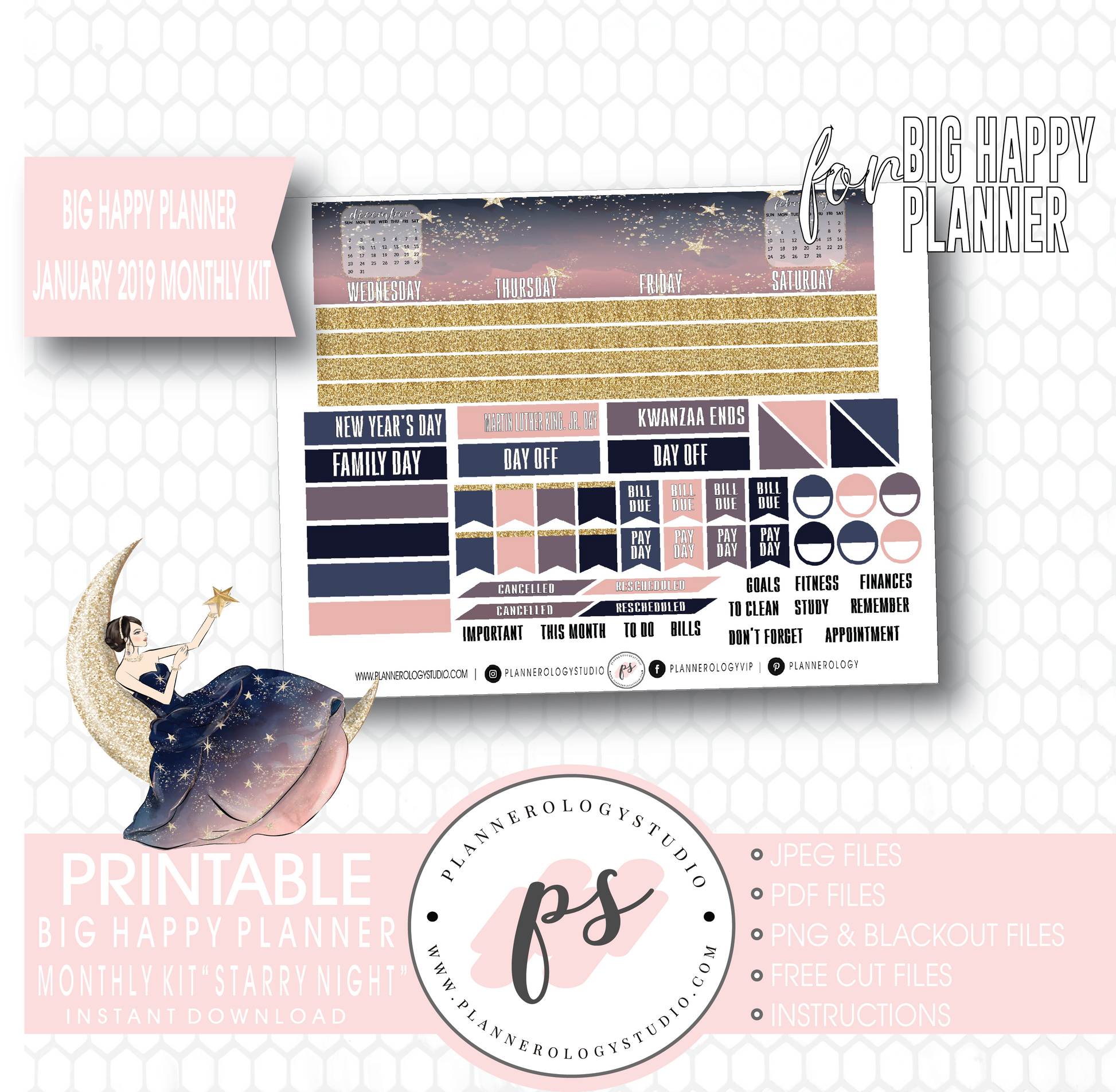 Starry Night January 2019 Monthly View Kit Digital Printable Planner Stickers (for use with Big Happy Planner) - Plannerologystudio