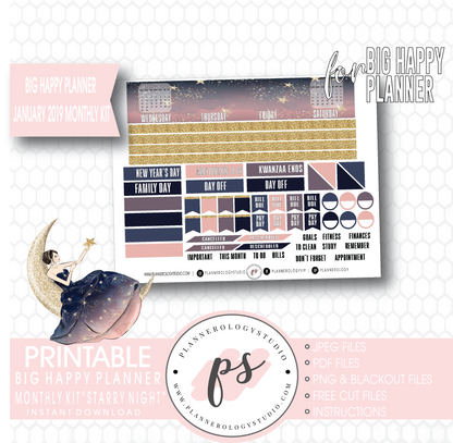 Starry Night January 2019 Monthly View Kit Digital Printable Planner Stickers (for use with Big Happy Planner) - Plannerologystudio