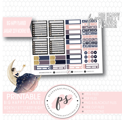 Starry Night January 2019 Monthly View Kit Digital Printable Planner Stickers (for use with Big Happy Planner) - Plannerologystudio
