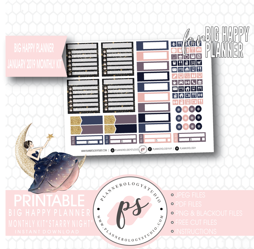 Starry Night January 2019 Monthly View Kit Digital Printable Planner Stickers (for use with Big Happy Planner) - Plannerologystudio