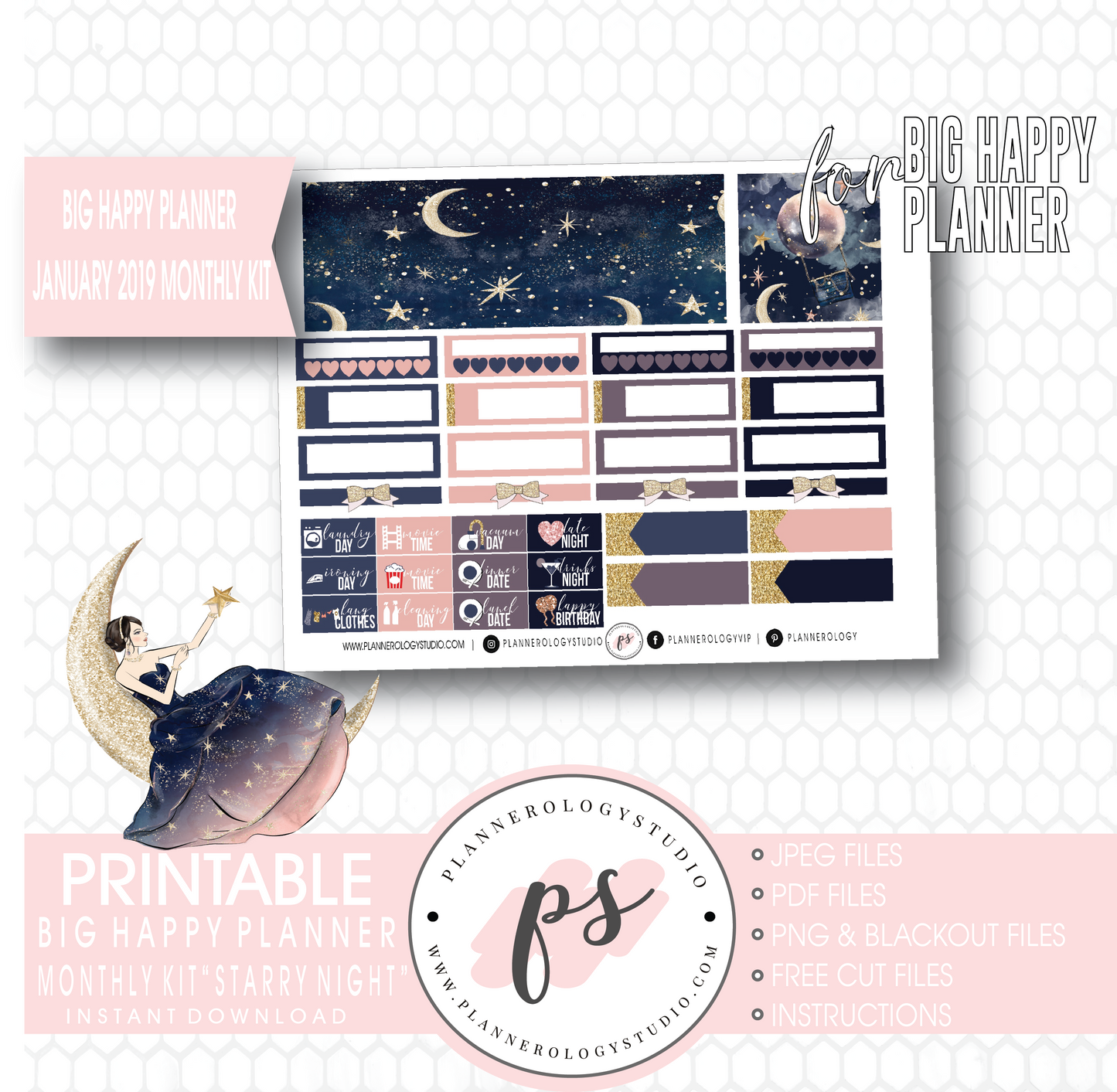 Starry Night January 2019 Monthly View Kit Digital Printable Planner Stickers (for use with Big Happy Planner) - Plannerologystudio