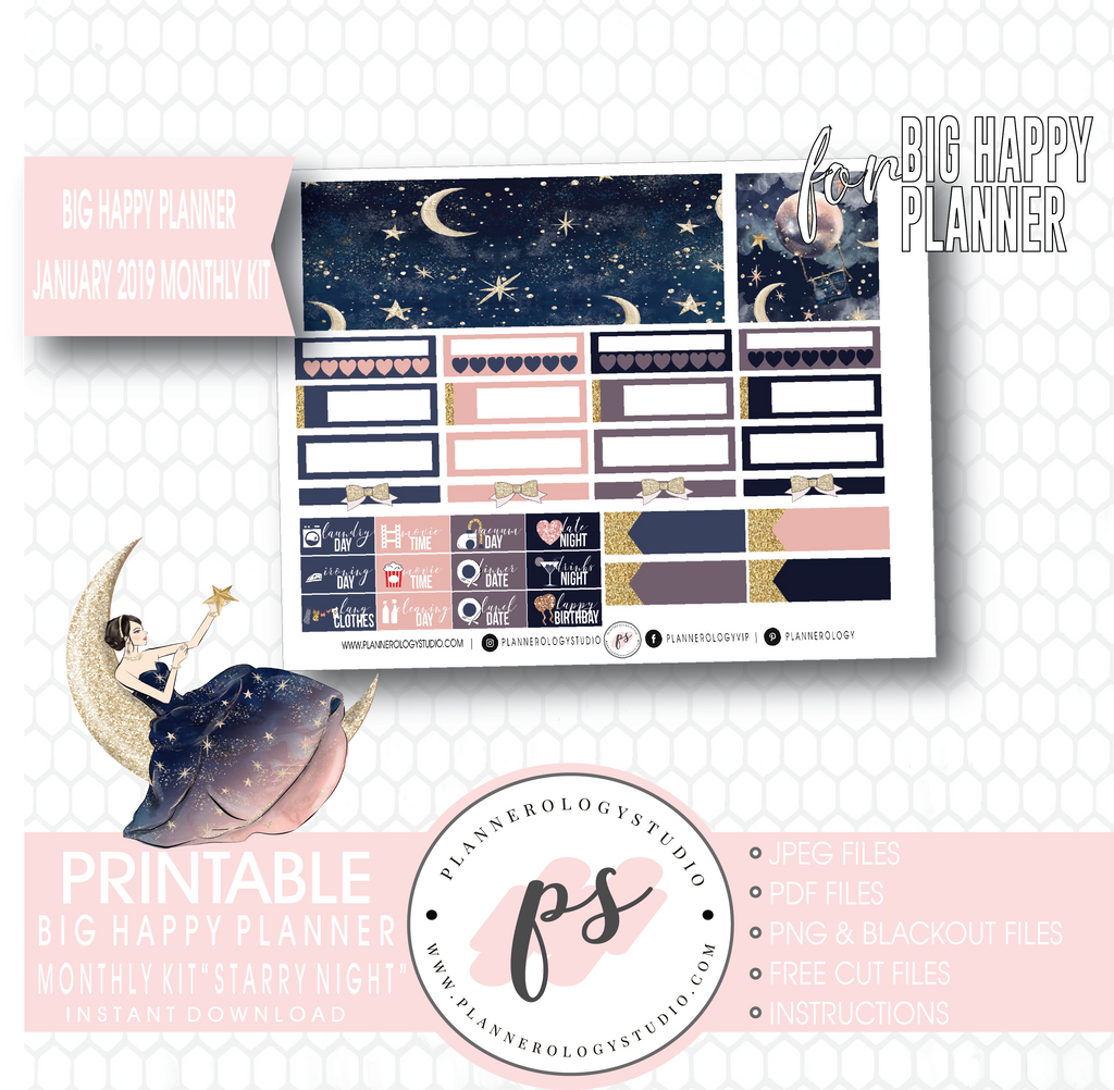 Starry Night January 2019 Monthly View Kit Digital Printable Planner Stickers (for use with Big Happy Planner) - Plannerologystudio