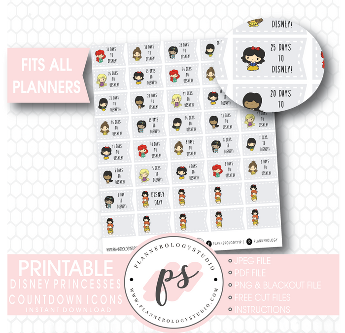 Disney Princess Countdown Planner Icons Digital Printable Planner Stickers - Plannerologystudio