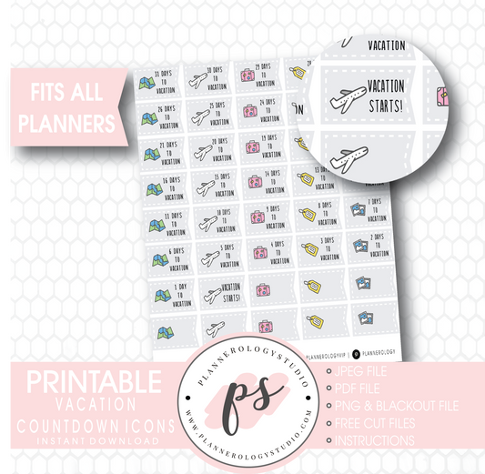 Vacation Countdown Planner Icons Digital Printable Planner Stickers - Plannerologystudio