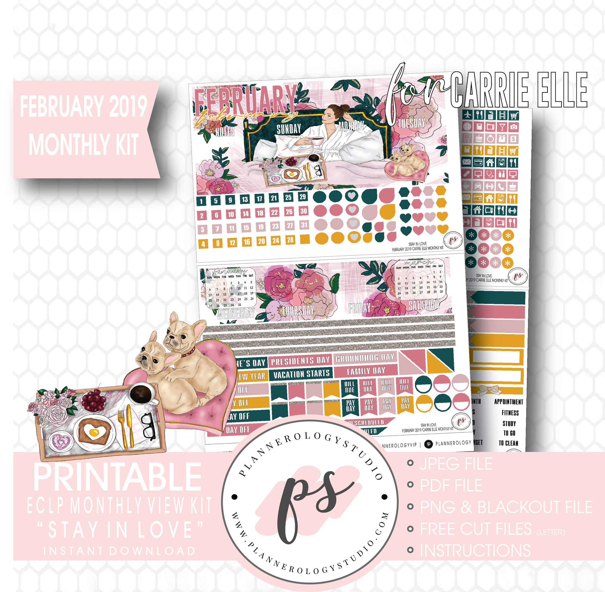 Stay in Love Valentine's Day February 2019 Monthly View Kit Digital Printable Planner Stickers (for use with Carrie Elle Planner) - Plannerologystudio