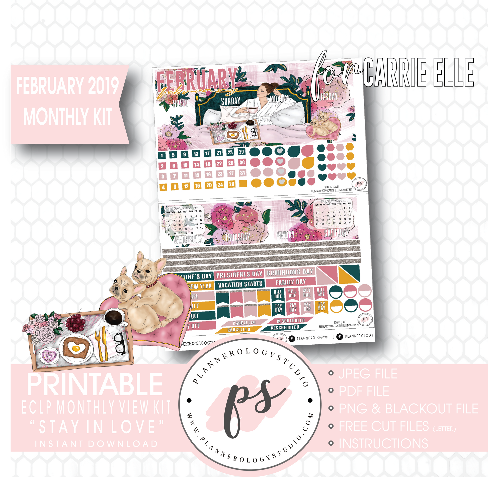 Stay in Love Valentine's Day February 2019 Monthly View Kit Digital Printable Planner Stickers (for use with Carrie Elle Planner) - Plannerologystudio