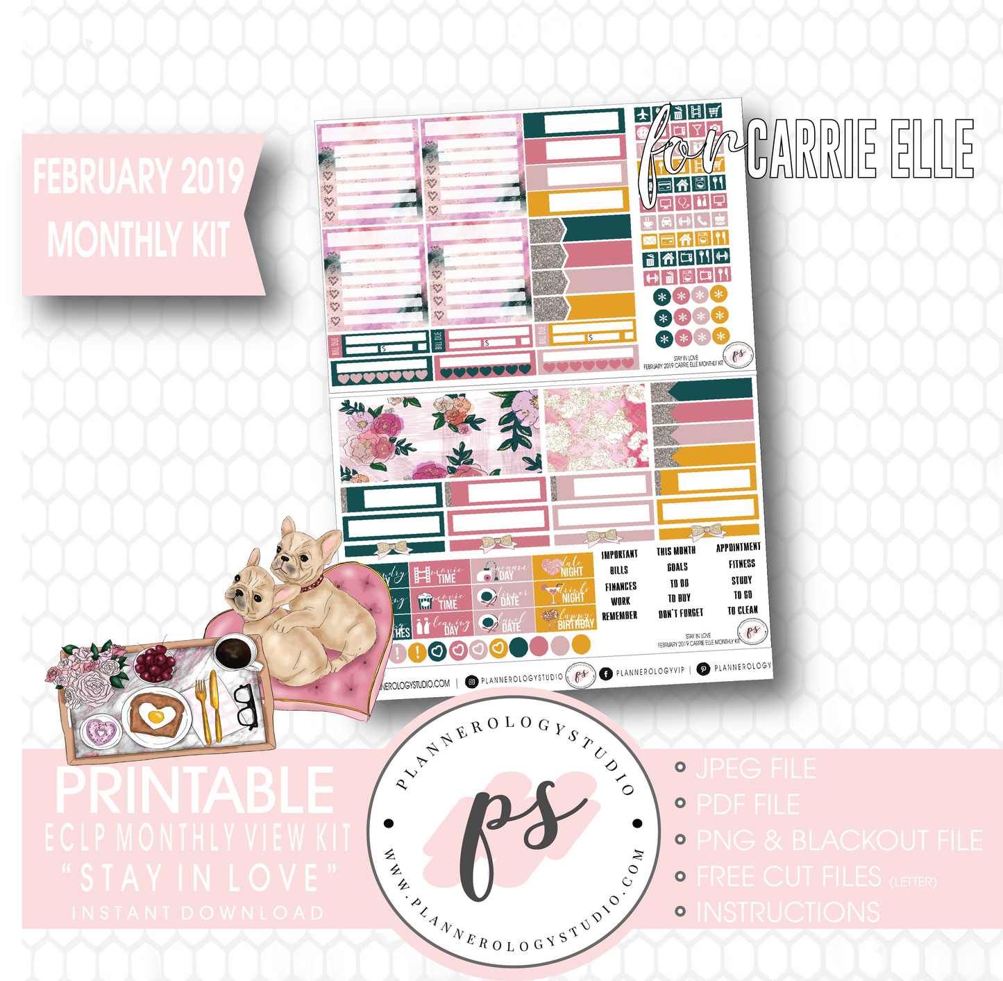 Stay in Love Valentine's Day February 2019 Monthly View Kit Digital Printable Planner Stickers (for use with Carrie Elle Planner) - Plannerologystudio