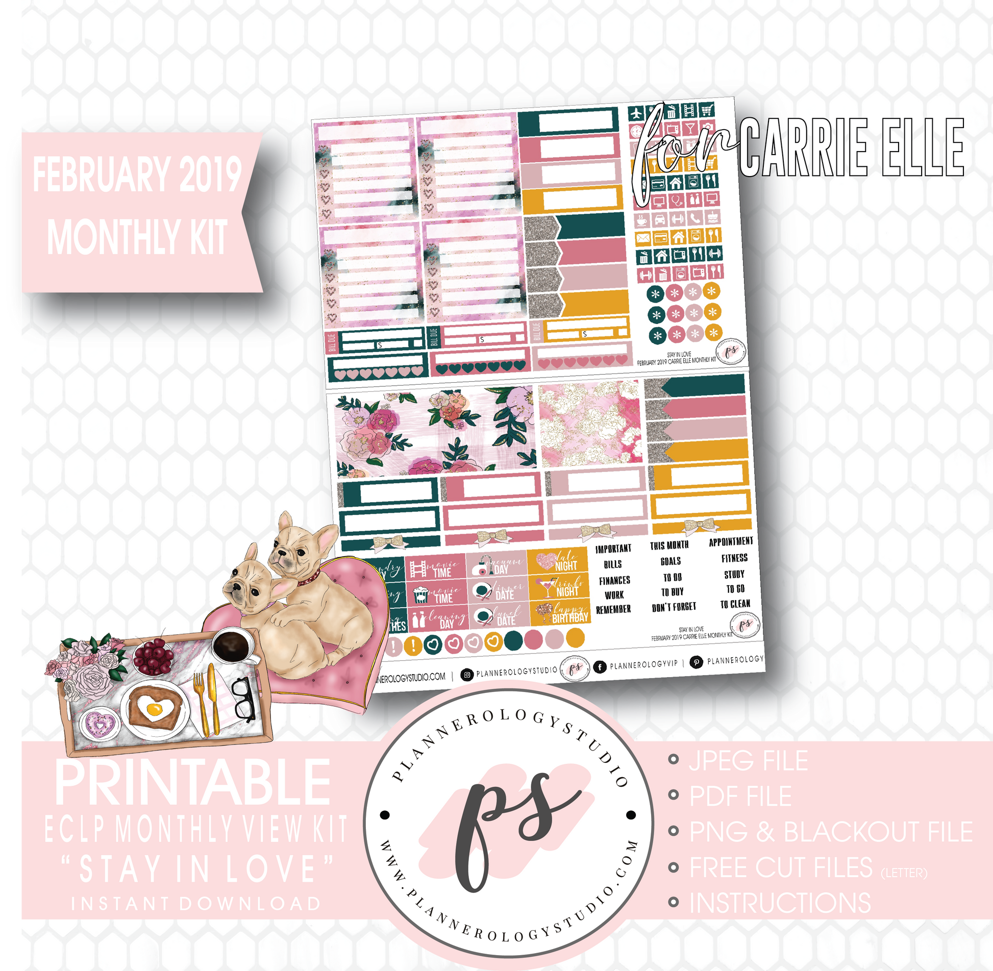 Stay in Love Valentine's Day February 2019 Monthly View Kit Digital Printable Planner Stickers (for use with Carrie Elle Planner) - Plannerologystudio