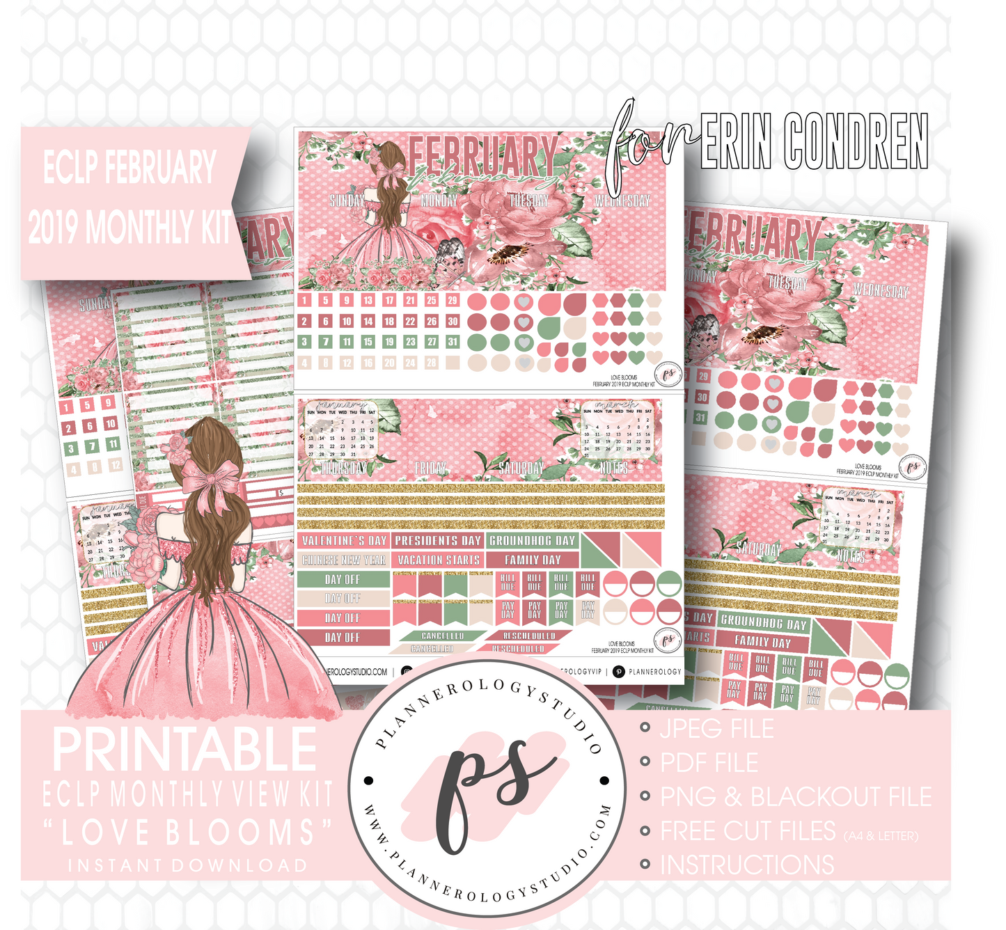 Love Blooms Valentine's Day February 2019 Monthly View Kit Digital Printable Planner Stickers (for use with Erin Condren) - Plannerologystudio