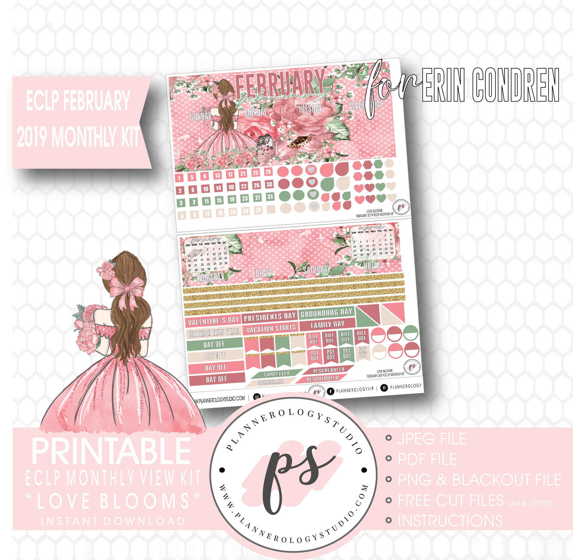 Love Blooms Valentine's Day February 2019 Monthly View Kit Digital Printable Planner Stickers (for use with Erin Condren) - Plannerologystudio