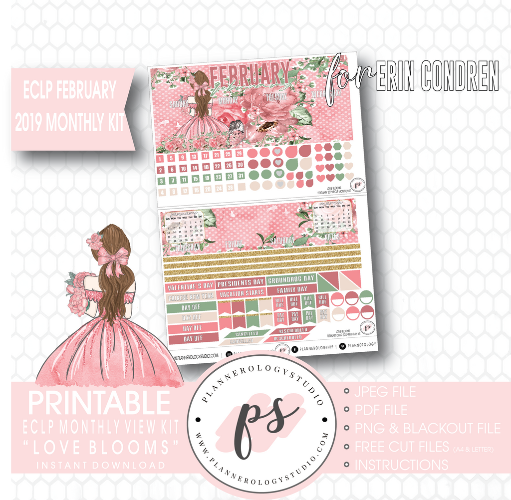 Love Blooms Valentine's Day February 2019 Monthly View Kit Digital Printable Planner Stickers (for use with Erin Condren) - Plannerologystudio