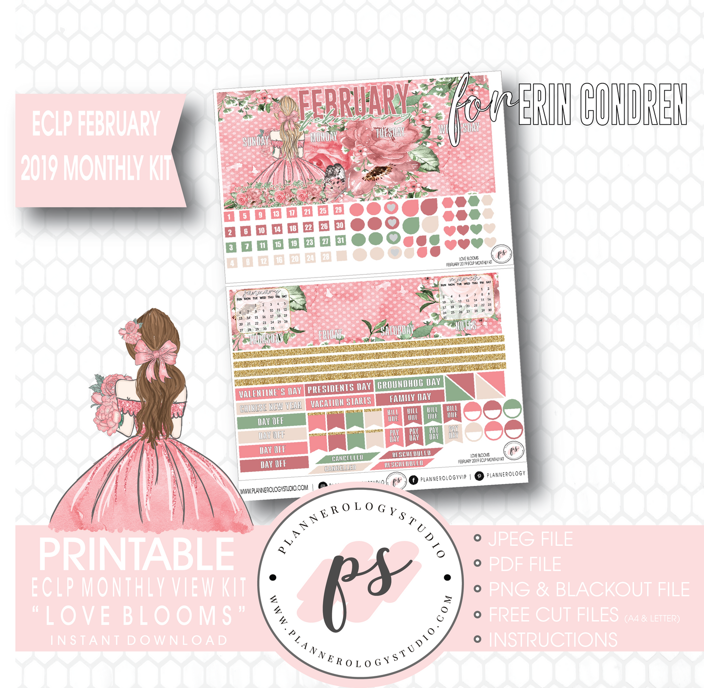 Love Blooms Valentine's Day February 2019 Monthly View Kit Digital Printable Planner Stickers (for use with Erin Condren) - Plannerologystudio