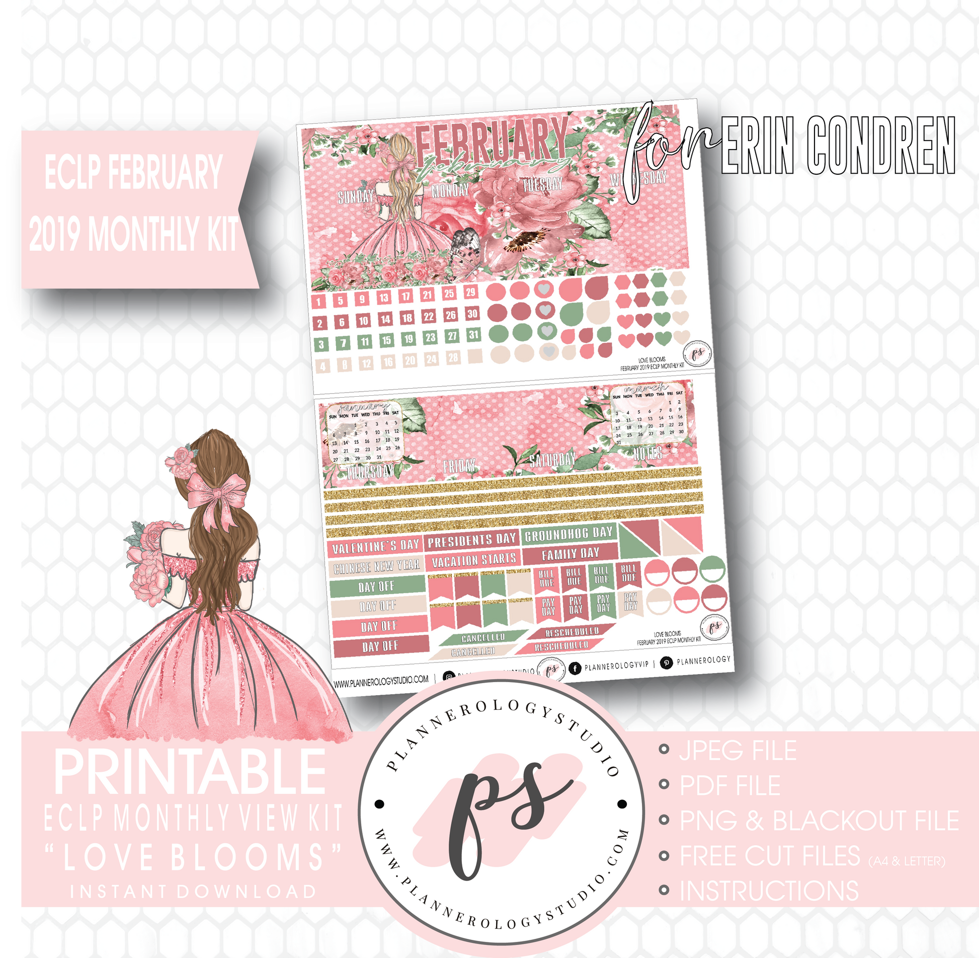 Love Blooms Valentine's Day February 2019 Monthly View Kit Digital Printable Planner Stickers (for use with Erin Condren) - Plannerologystudio