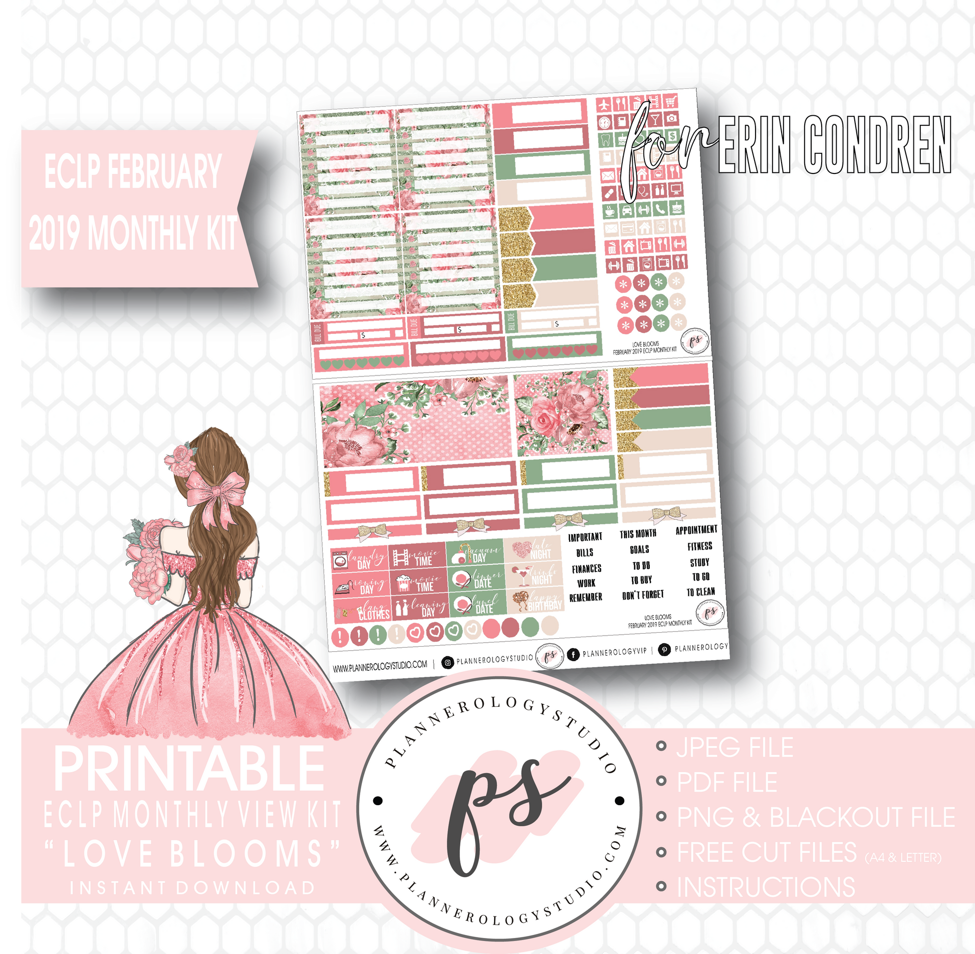 Love Blooms Valentine's Day February 2019 Monthly View Kit Digital Printable Planner Stickers (for use with Erin Condren) - Plannerologystudio