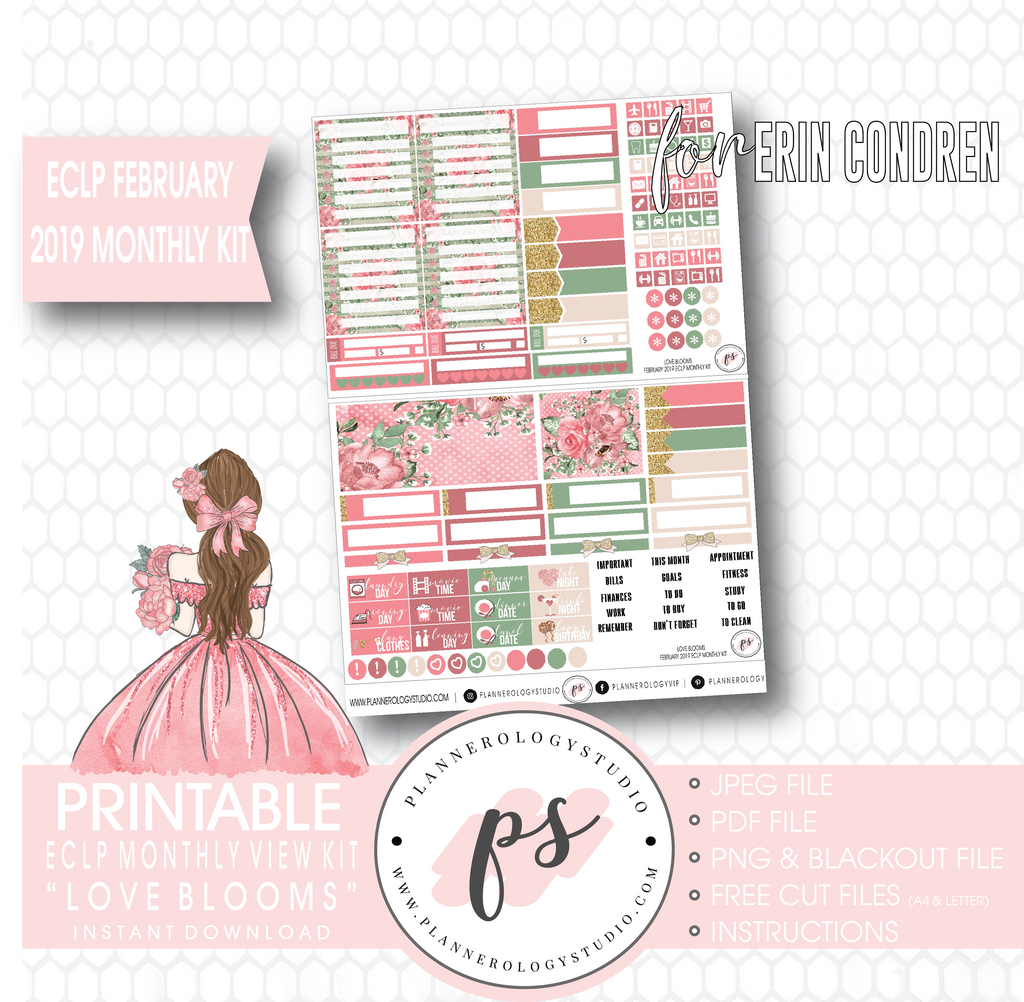 Love Blooms Valentine's Day February 2019 Monthly View Kit Digital Printable Planner Stickers (for use with Erin Condren) - Plannerologystudio