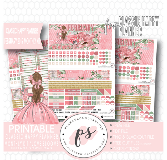 Love Blooms Valentine's Day February 2019 Monthly View Kit Digital Printable Planner Stickers (for use with Classic Happy Planner) - Plannerologystudio