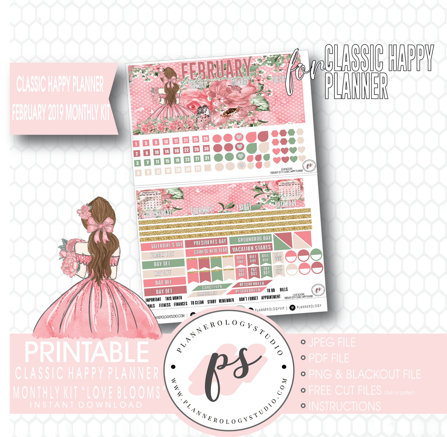 Love Blooms Valentine's Day February 2019 Monthly View Kit Digital Printable Planner Stickers (for use with Classic Happy Planner) - Plannerologystudio