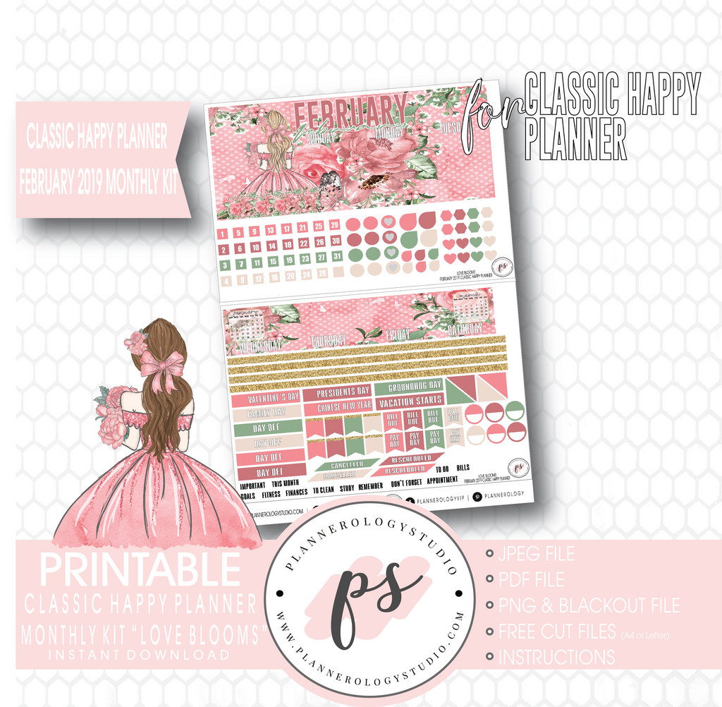 Love Blooms Valentine's Day February 2019 Monthly View Kit Digital Printable Planner Stickers (for use with Classic Happy Planner) - Plannerologystudio