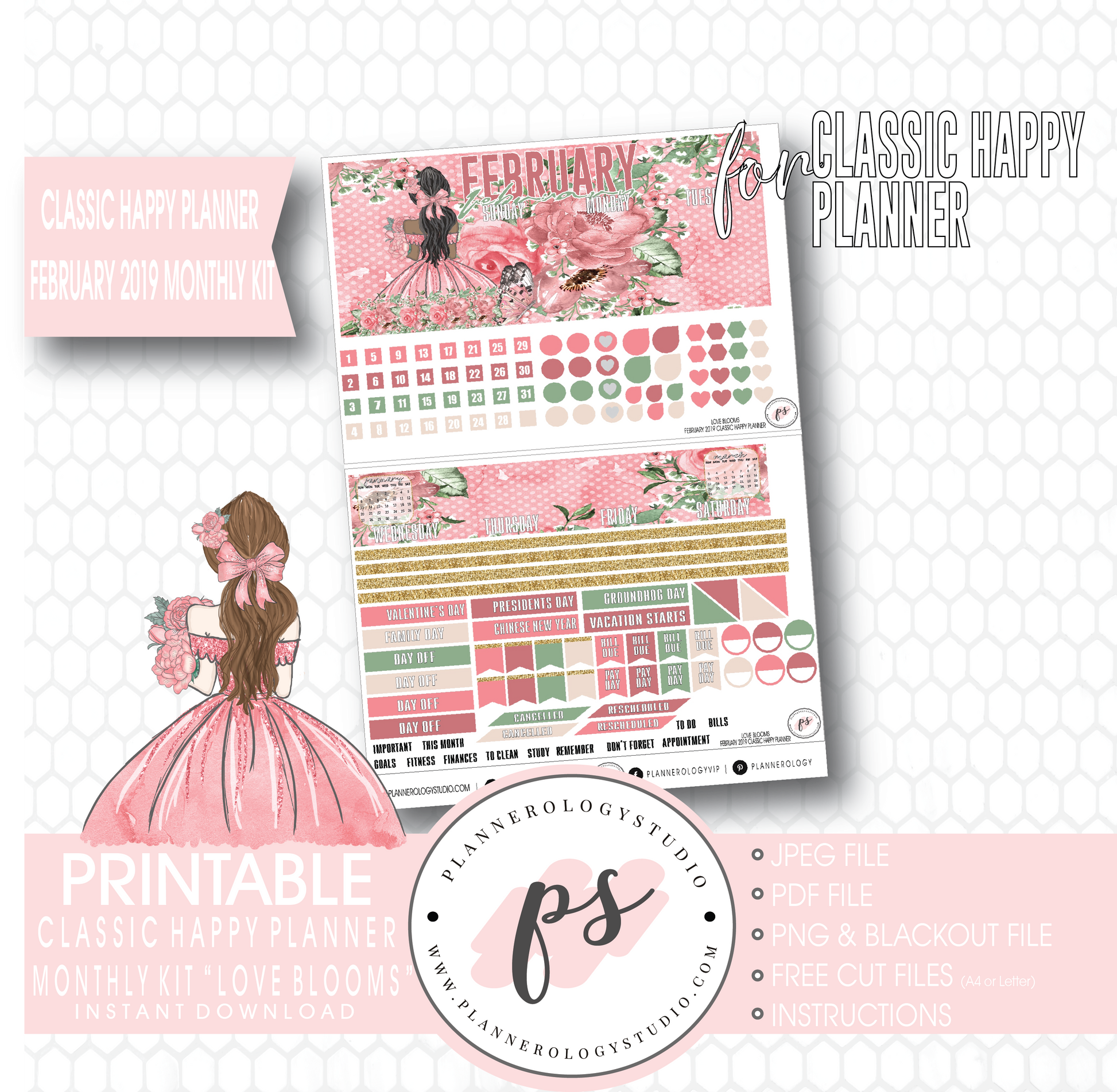 Love Blooms Valentine's Day February 2019 Monthly View Kit Digital Printable Planner Stickers (for use with Classic Happy Planner) - Plannerologystudio