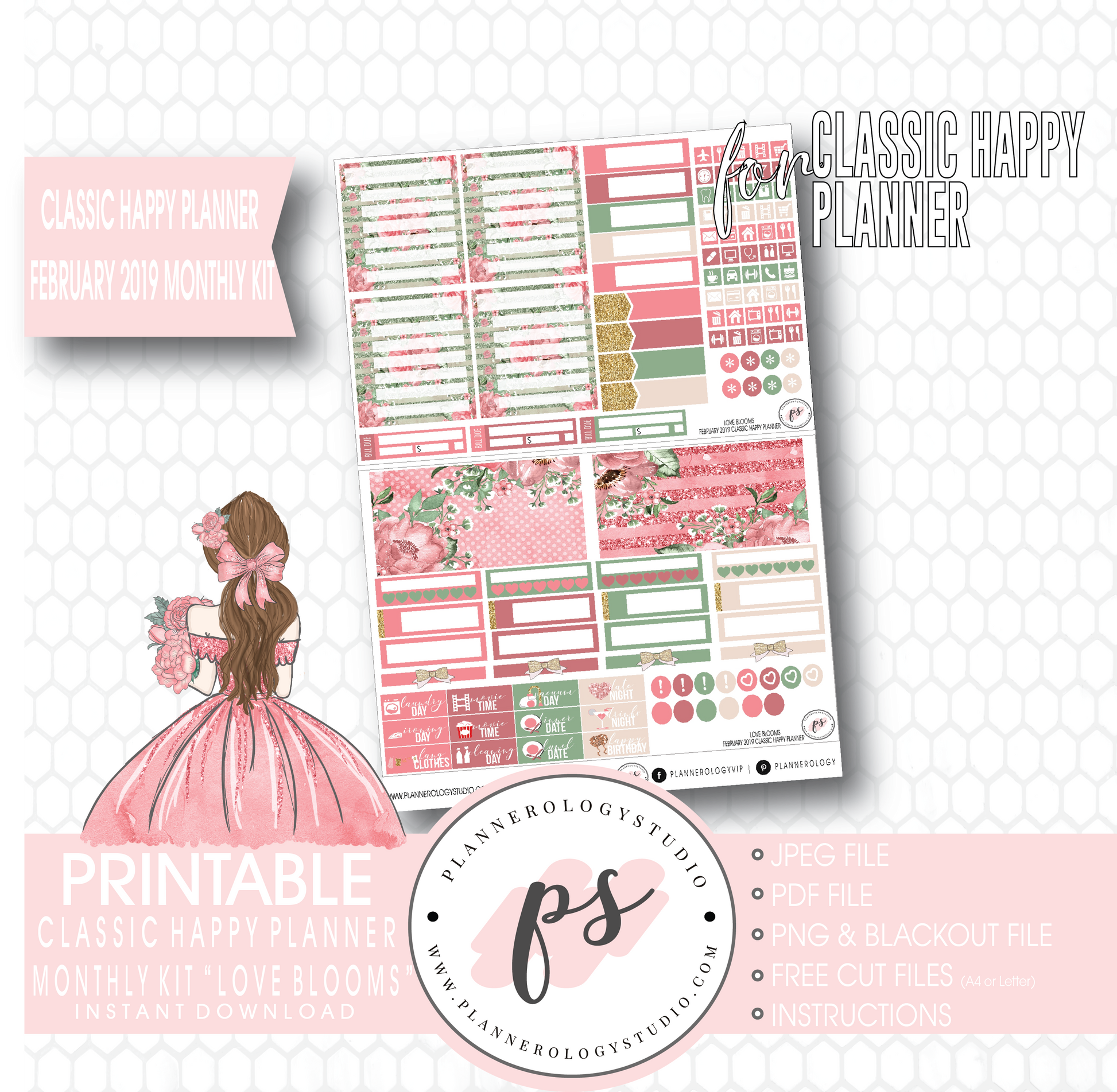 Love Blooms Valentine's Day February 2019 Monthly View Kit Digital Printable Planner Stickers (for use with Classic Happy Planner) - Plannerologystudio